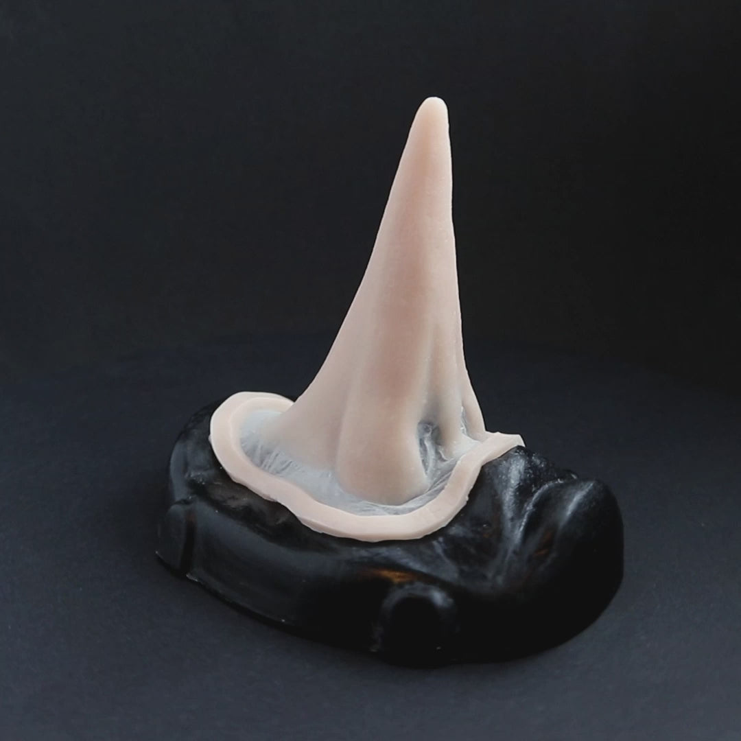Long pointy nose prosthetic in vanilla shade on a black turntable, slowly rotating. 