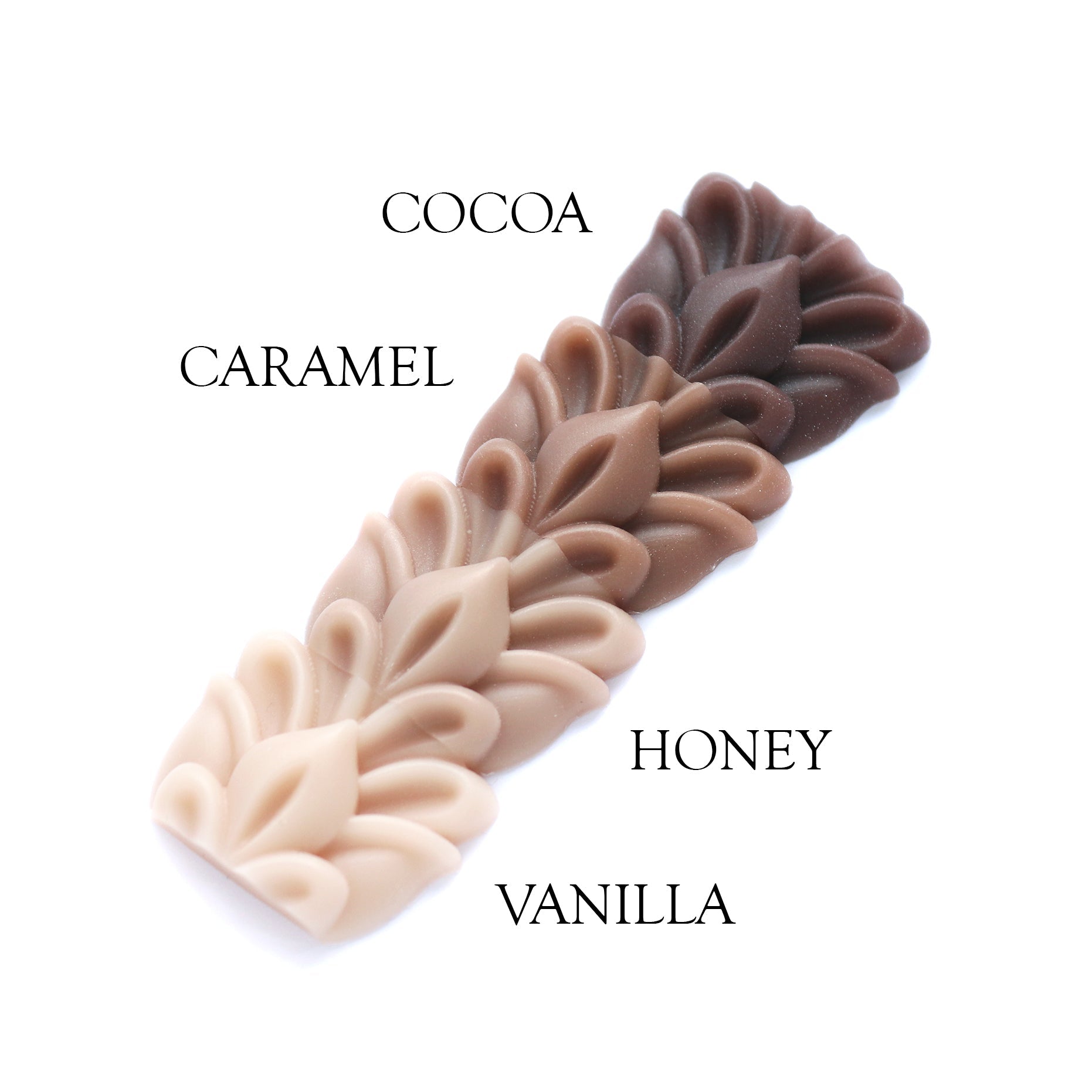 Colour samples or Vanilla, Honey, Caramel, and Cocoa.