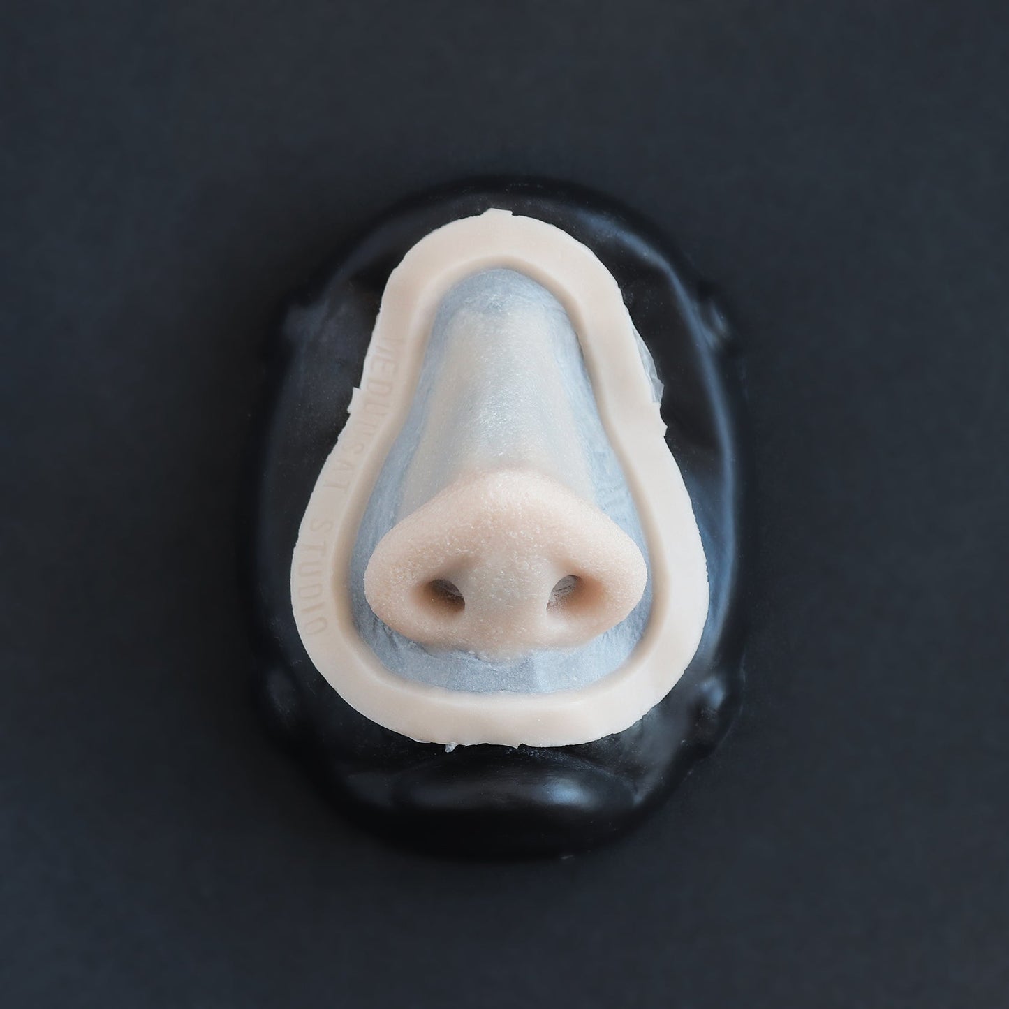 Piglet Nose - Silicone makeup prosthetic in vanilla shade on a black surface